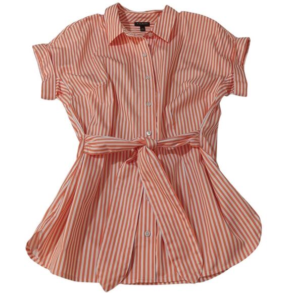 NEW TALBOTS Blouse Top Tie Waist XS Cotton Orange White‎ Stripes Bright Crisp - Picture 1 of 7